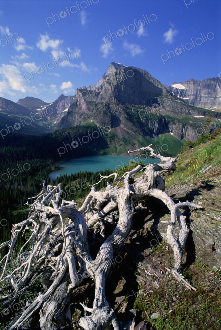 The landscape of Glacier National Park, over Grinnel Lake and the Grinnell Glacier.…