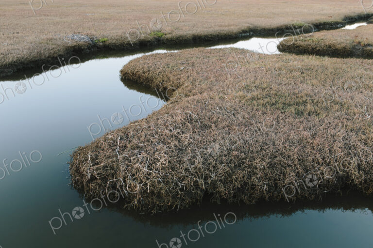 The open spaces of marshland and water channels. Flat calm water.
