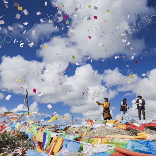 The paper squares, longda (Tibetan for Winged Horse) are launched into the wind by…