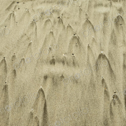 The patterns made by the retreat of tidal water on a sandy beach and small air holes.