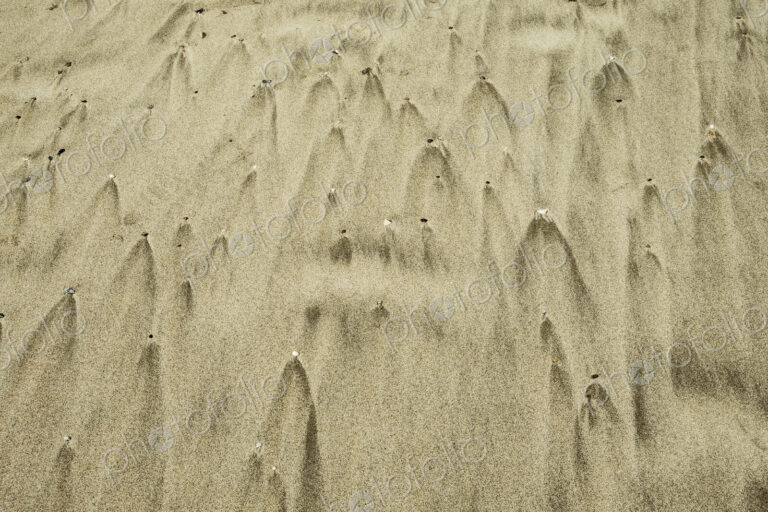 The patterns made by the retreat of tidal water on a sandy beach and small air holes.