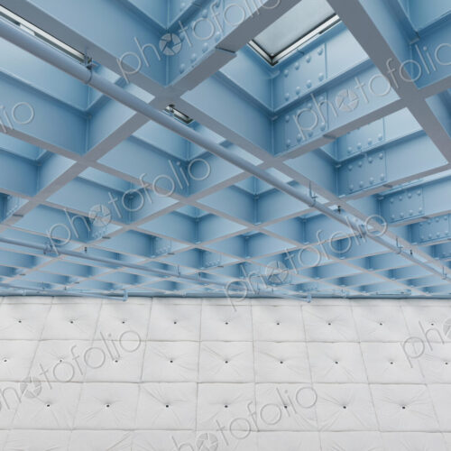 The roof of a building, a grid pattern and turquoise blue lights and sprinklers, fire… The roof of a building, a grid pattern and turquoise blue lights and sprinklers, fire…