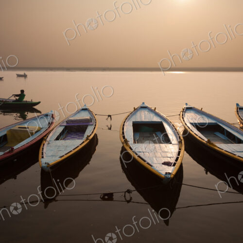 The sacred Ganges River at dawn, in Varanasi, India