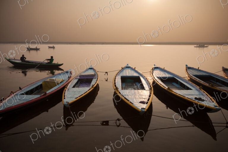 The sacred Ganges River at dawn, in Varanasi, India