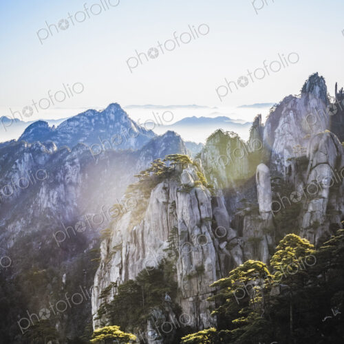 The steep jagged granite peaks of the Huangshan Mountains, the Yellow Mountains. The steep jagged granite peaks of the Huangshan Mountains, the Yellow Mountains.