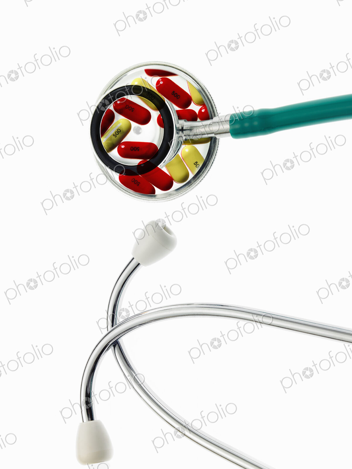 The two parts of a doctor’s stethoscope with green tubing, a conceptual illustration…