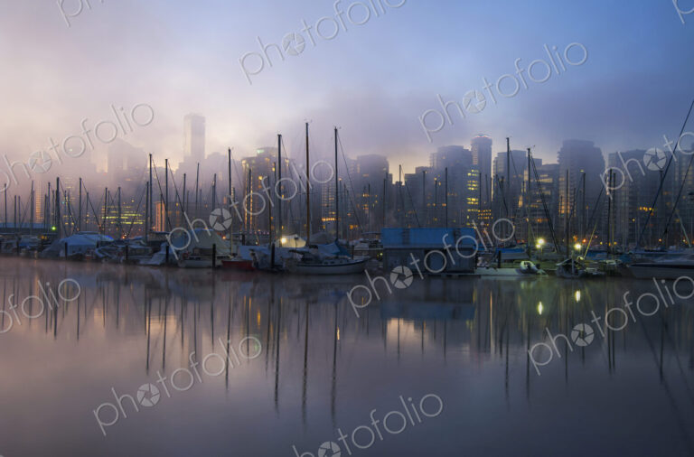 The view from Stanley Park in the early morning with mist rising from the water,…