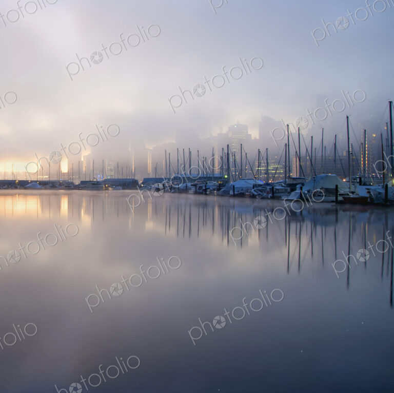 The view from Stanley Park in the early morning with mist rising from the water,…