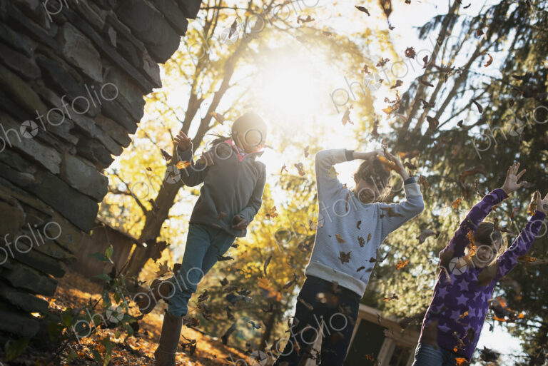 Three children in the autumn sunshine. Playing outdoors throwing the fallen leaves in…