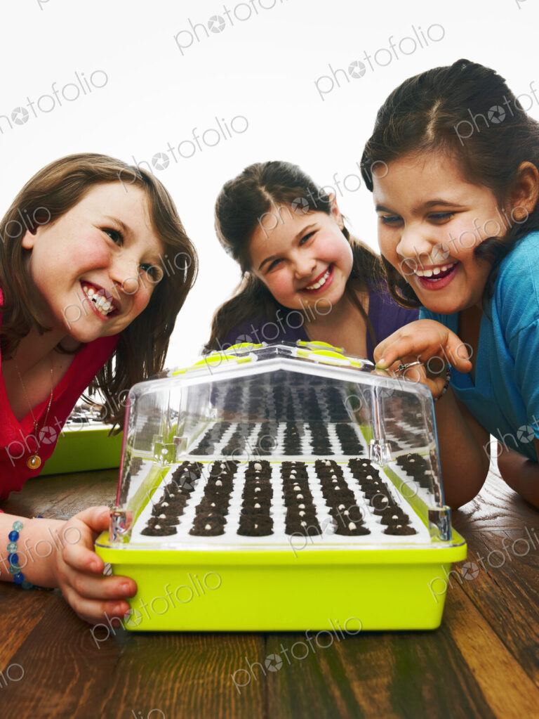 Three children leaning excitedly over a freshly planted seed tray with a cover on a table.