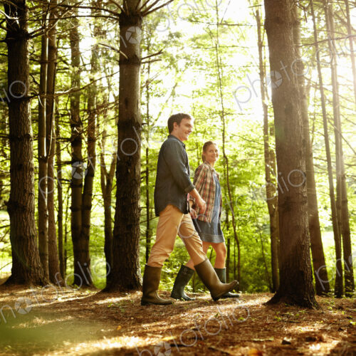 Three people, a family walking in woodland in the late afternoon.