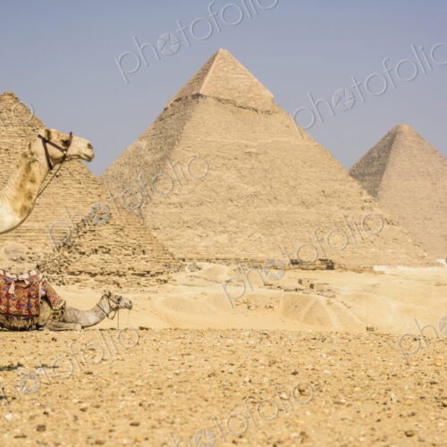 Three pyramids, monuments and burial tombs of the pharaohs Khufu, Khafre, and Menkaure.