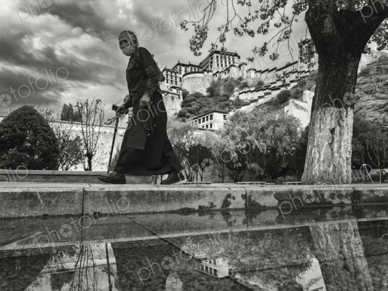 Tibetan Woman Walking Past the Potala Palace Lhasa, Autonomous Region of Tibet