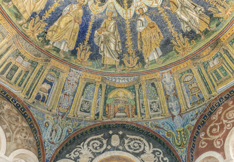 Tile mosaic in ornate dome in Neonian Baptistery, Ravenna, Ravenna, Italy