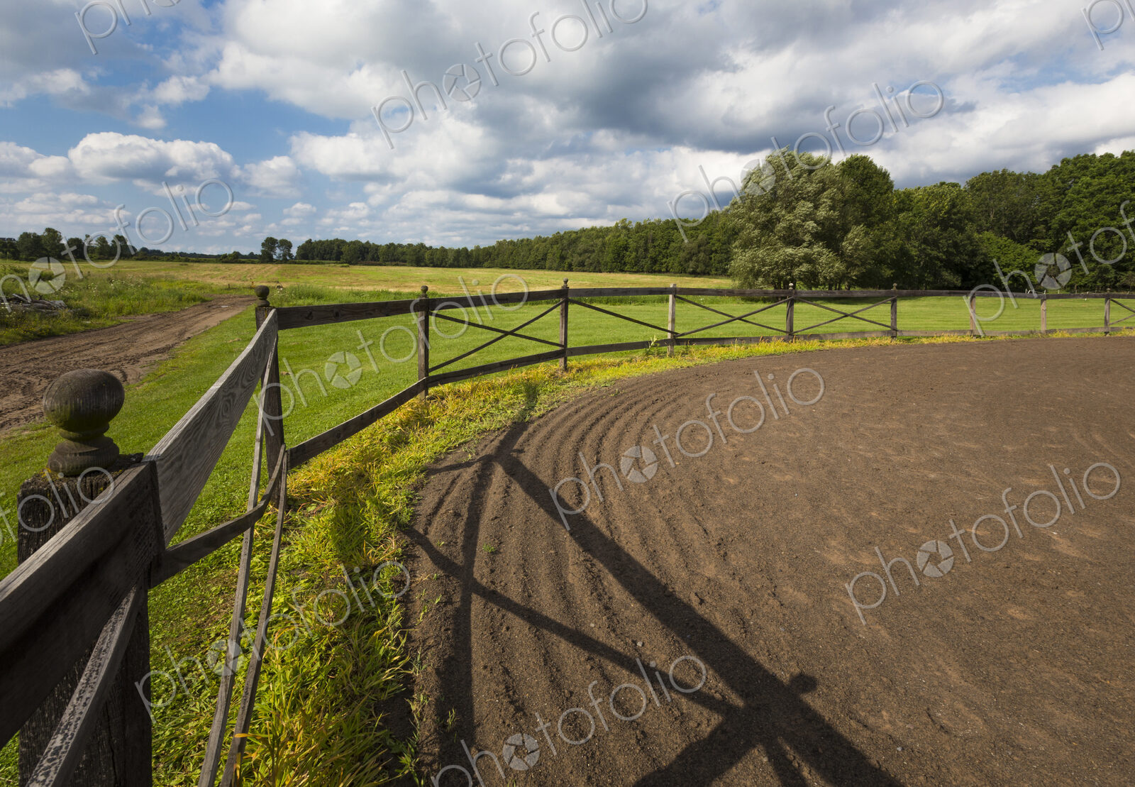 Tire tracks in riding ring on horse farm
