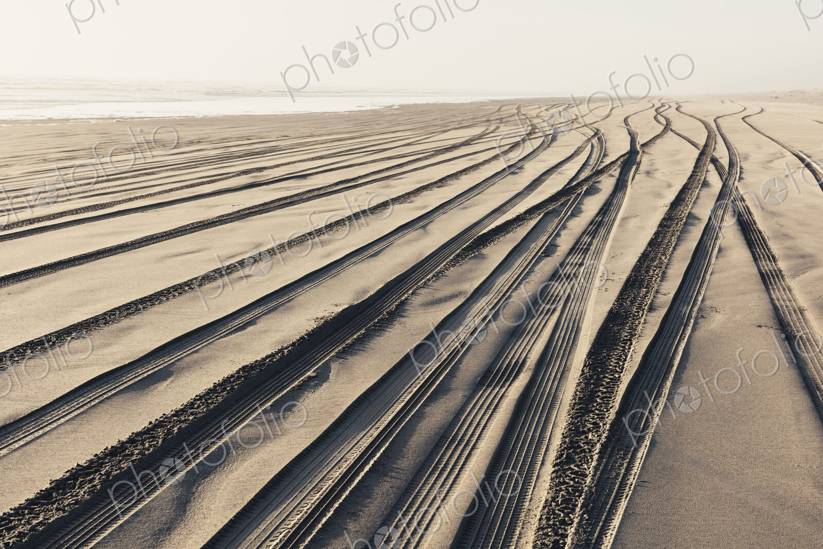Tire tracks on the soft surface of sand on a beach.