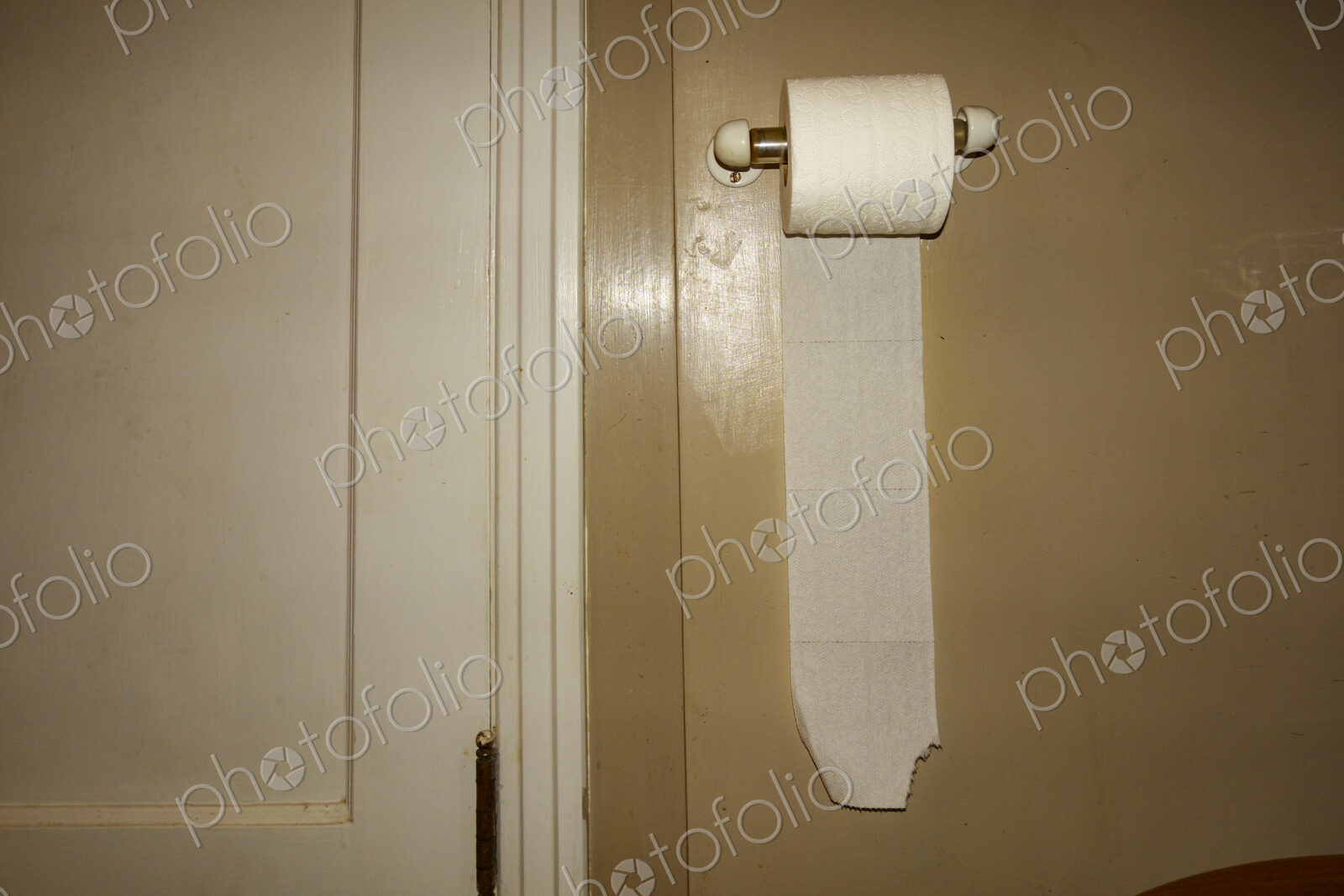 Toilet roll holder with new roll of toilet paper.