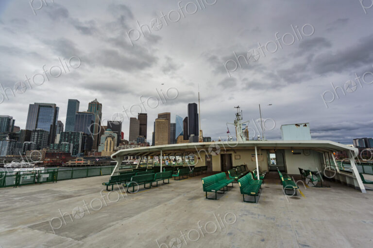 Top deck of the Walla Walla Ferry at Coleman Dock in Seattle.
