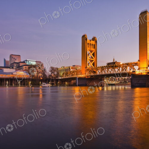 Tower Bridge at sunset, crossing bridge over the Sacramento River