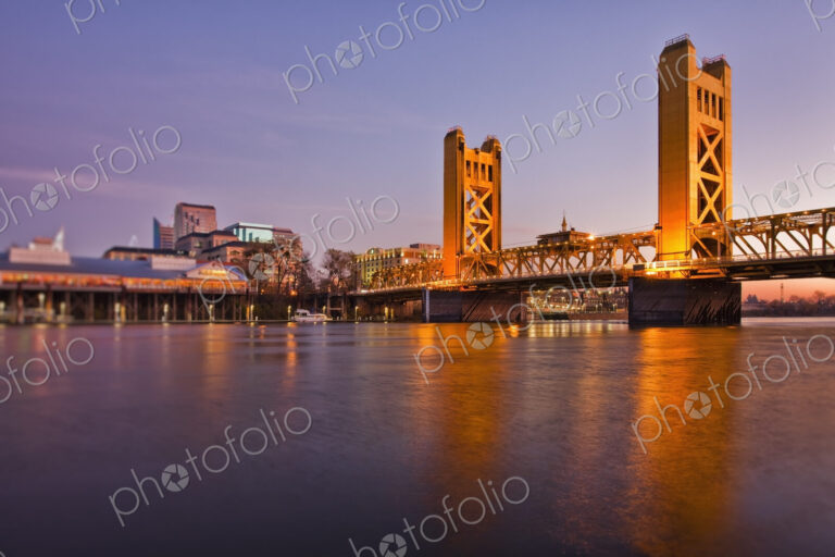 Tower Bridge at sunset, crossing bridge over the Sacramento River