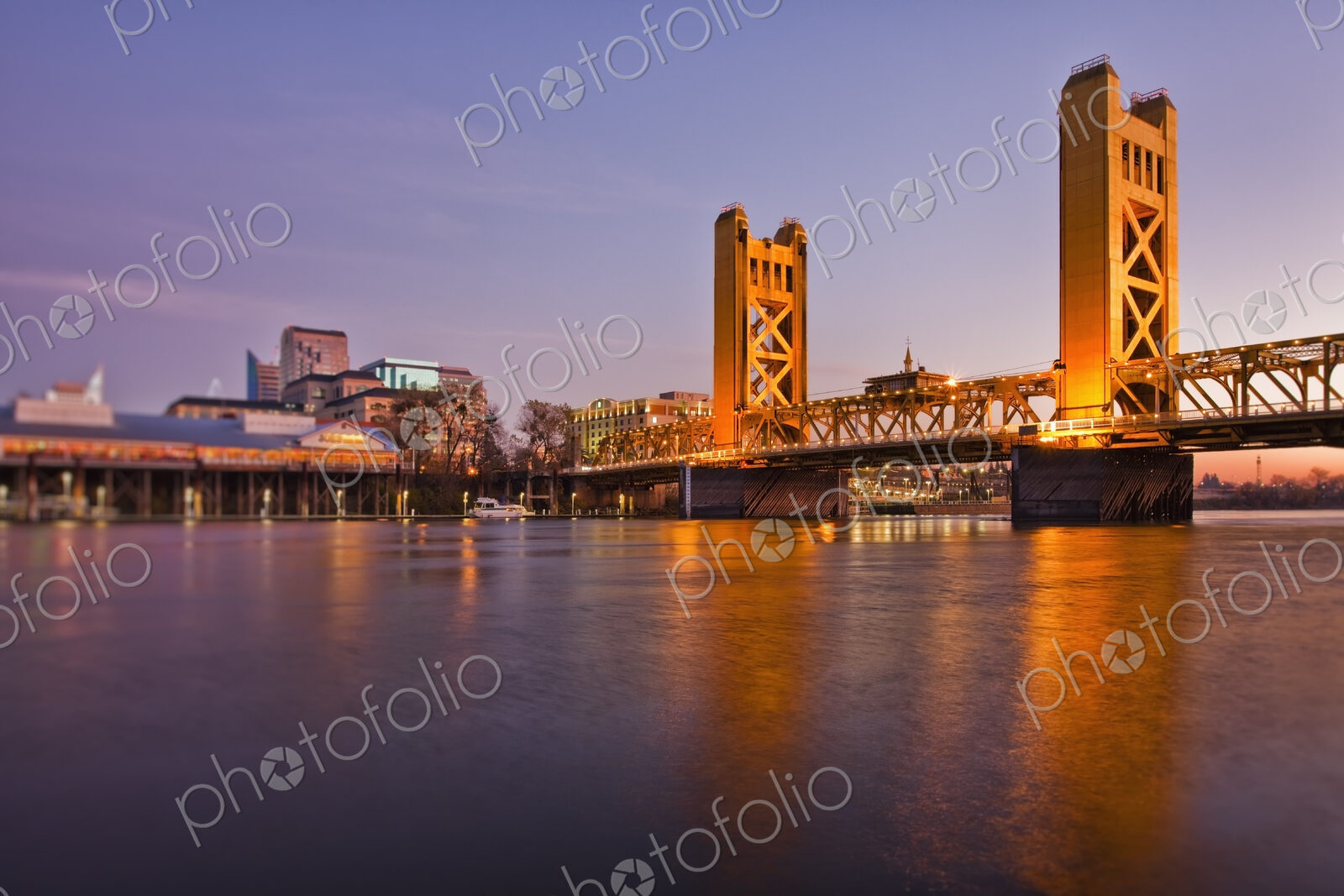 Tower Bridge at sunset, crossing bridge over the Sacramento River