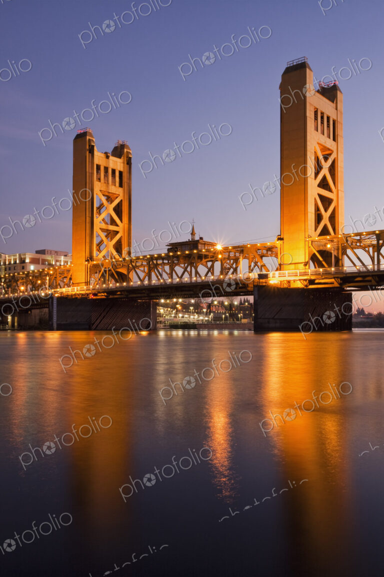 Tower Bridge at sunset, crossing bridge over the Sacramento River