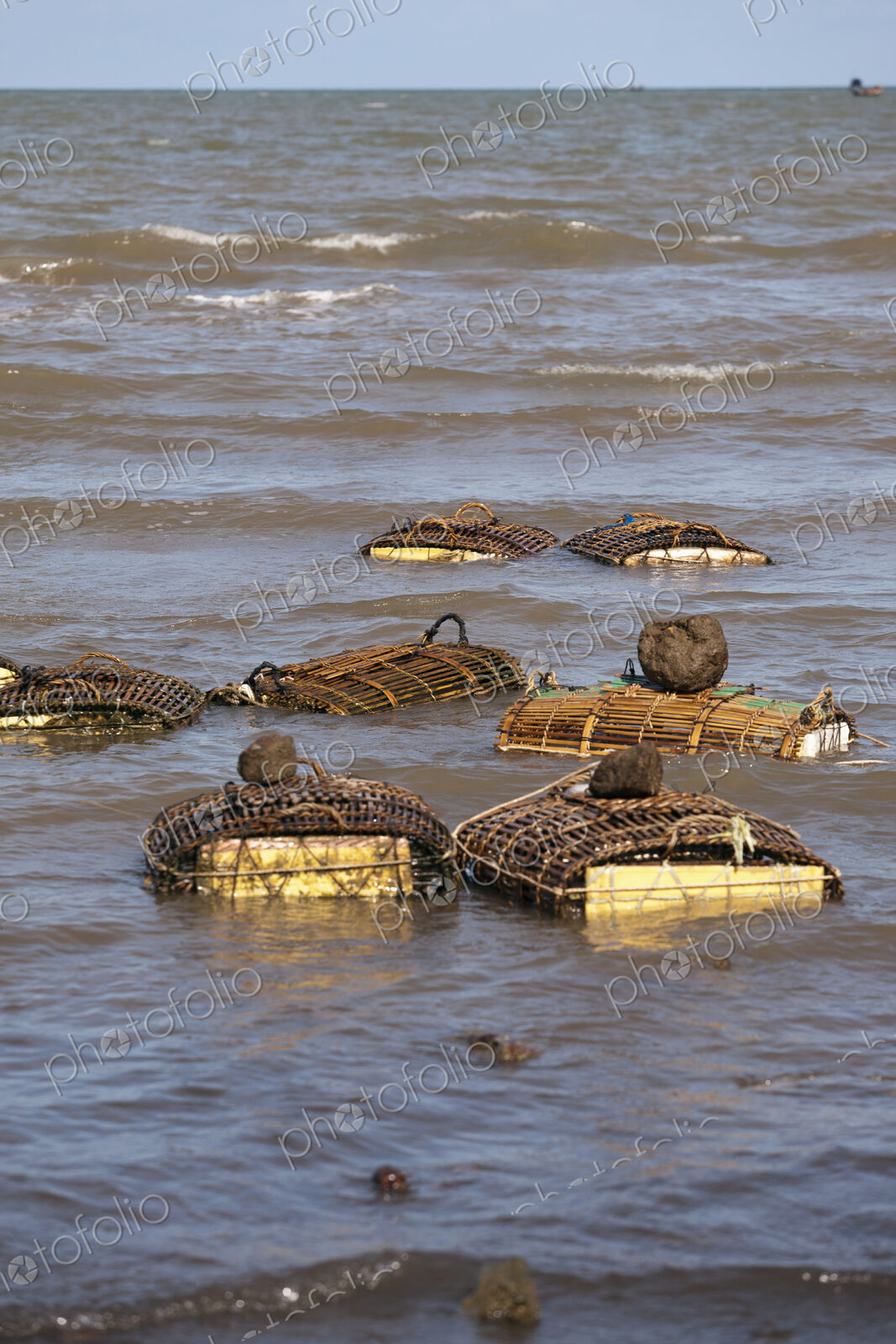 Traditional baskets or pots for catching crabs in the Gulf of Thailand.