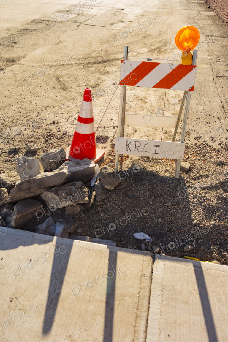 Traffic barrier and cone in construction area, WA USA