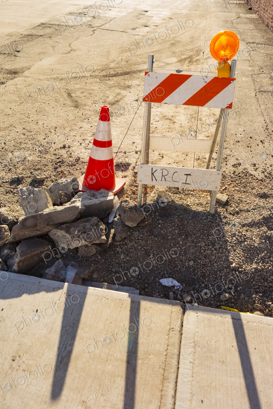 Traffic barrier and cone in construction area, WA USA