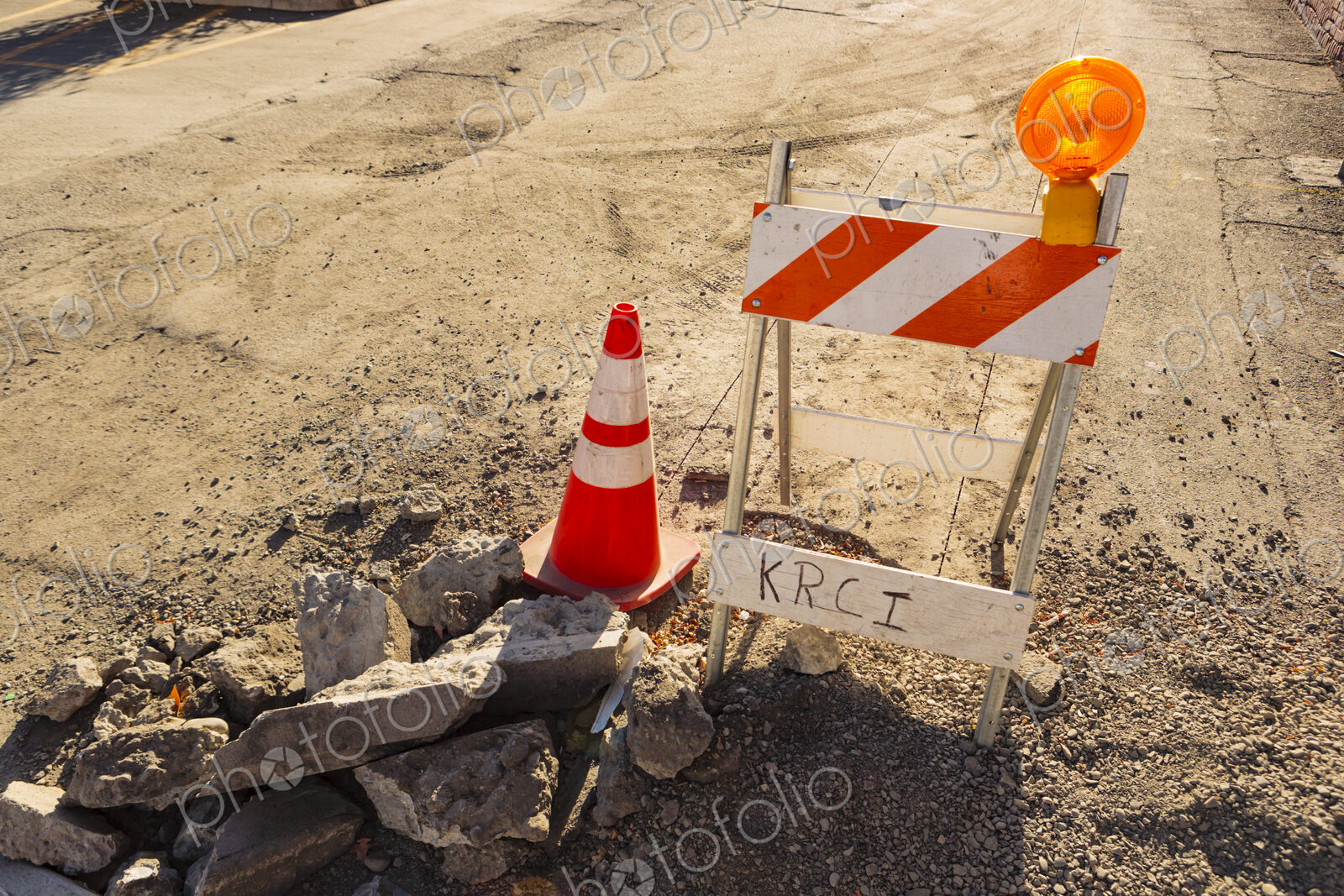 Traffic barrier and cone in construction area, WA USA