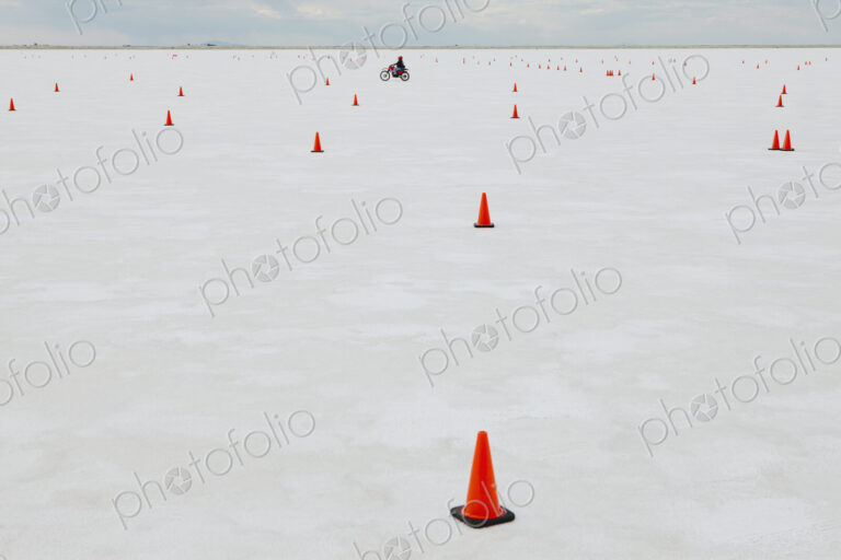 Traffic cones on race course, Bonneville Salt Flats, during Speed Week.