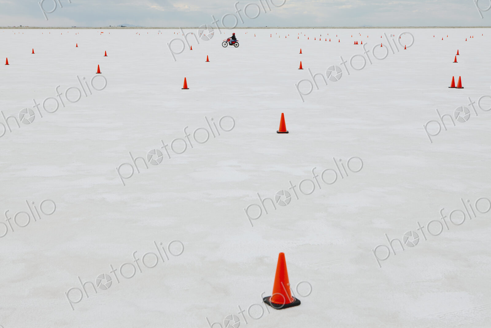 Traffic cones on race course, Bonneville Salt Flats, during Speed Week.