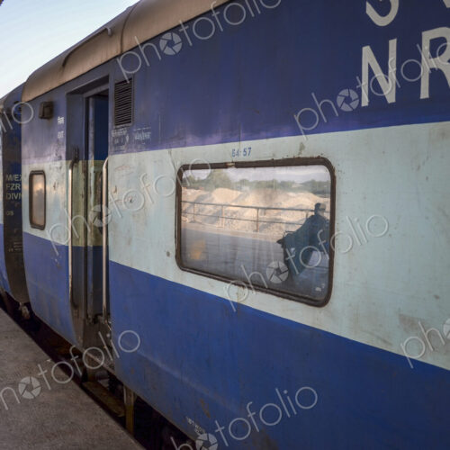 Train journey in Rajasthan, India. Exterior of train.