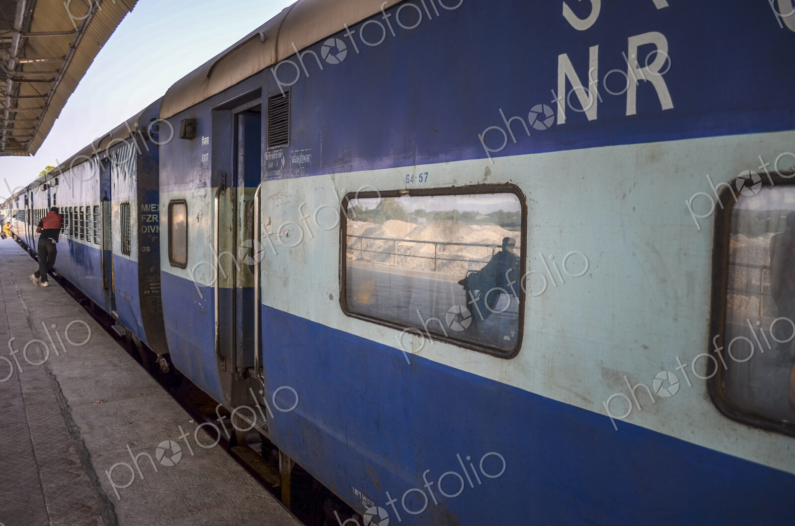 Train journey in Rajasthan, India. Exterior of train.