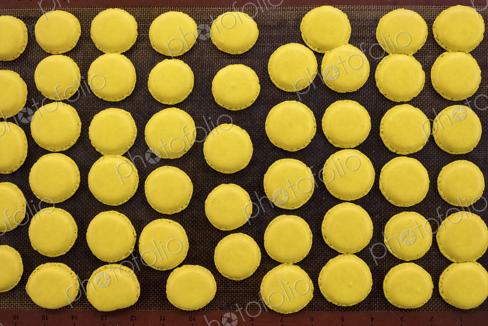 Trays of small round yellow baked biscuits or macarons. Overhead view.
