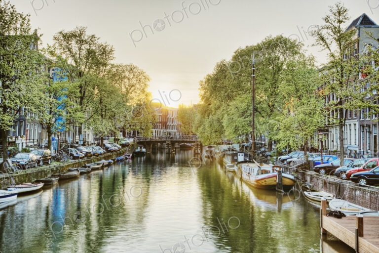 Treelined canal in Amsterdam with historic houses
