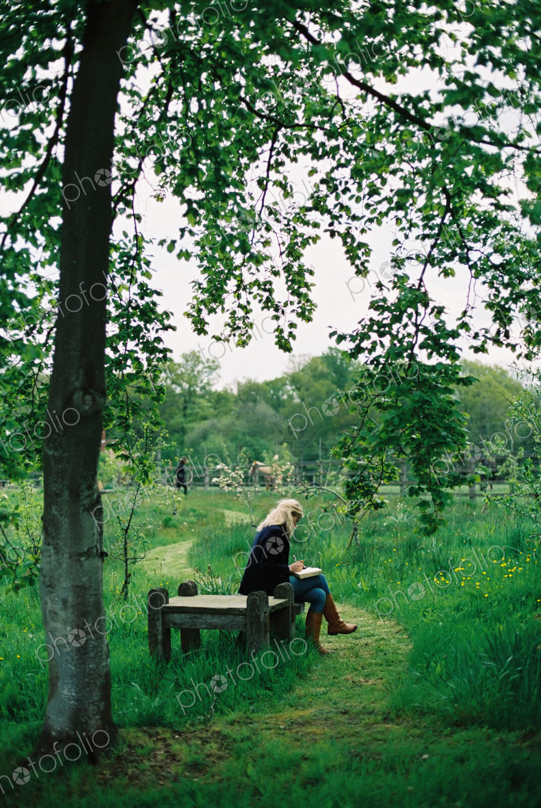 Trees and long grass. A mown path. A woman seated on a wooden seat.