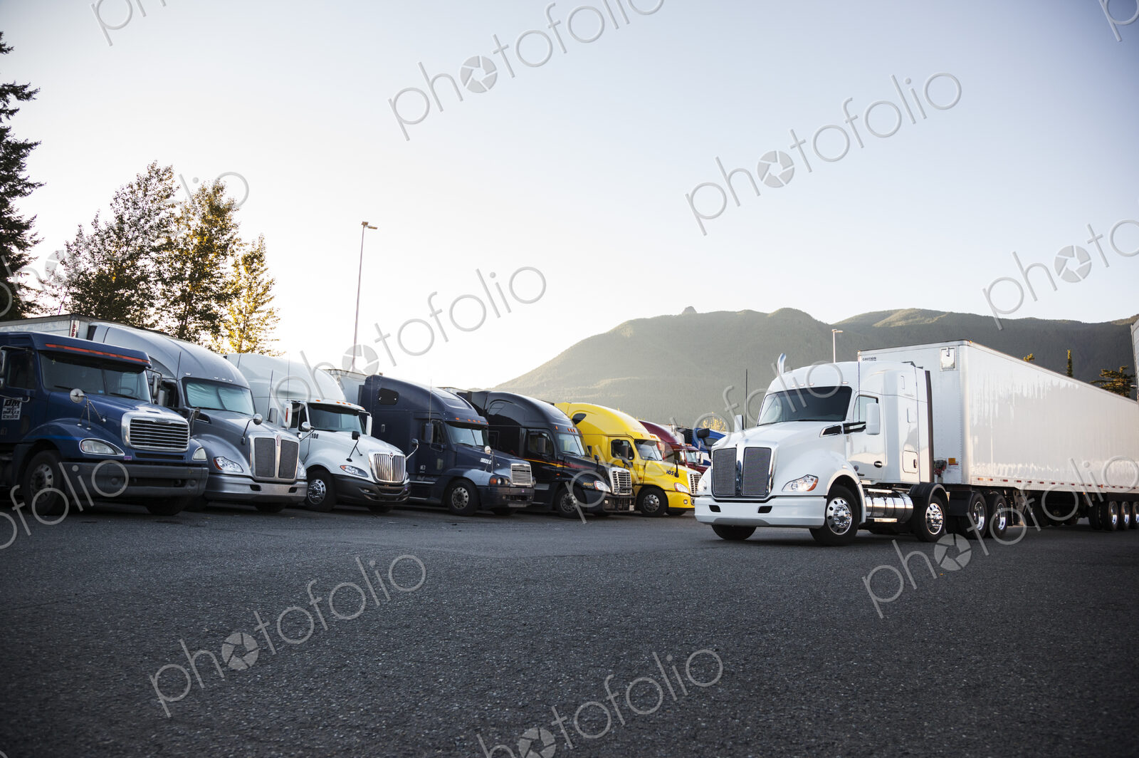 Trucks in the parking lot of a truck stop near Seattle, Washington, USA