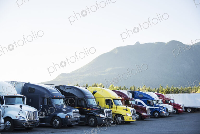 Trucks in the parking lot of a truck stop near Seattle, Washington, USA