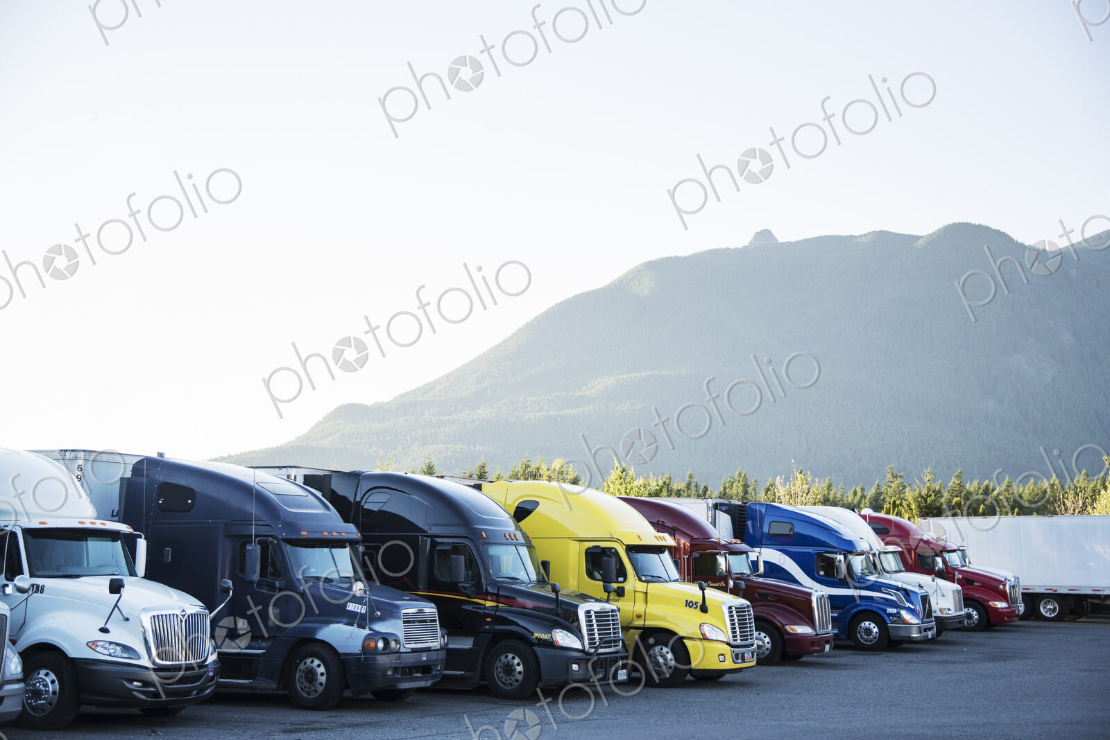 Trucks in the parking lot of a truck stop near Seattle, Washington, USA