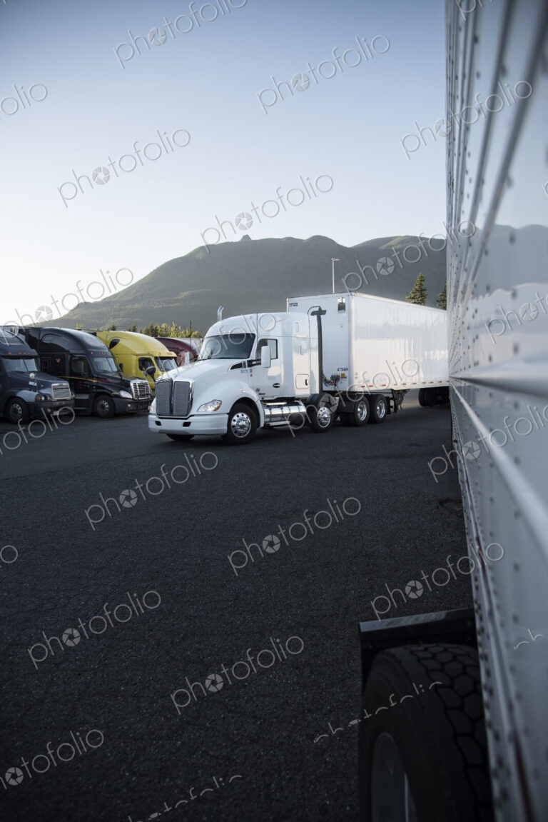 Trucks in the parking lot of a truck stop near Seattle, Washington, USA
