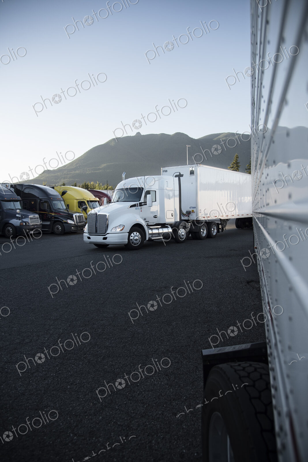 Trucks in the parking lot of a truck stop near Seattle, Washington, USA
