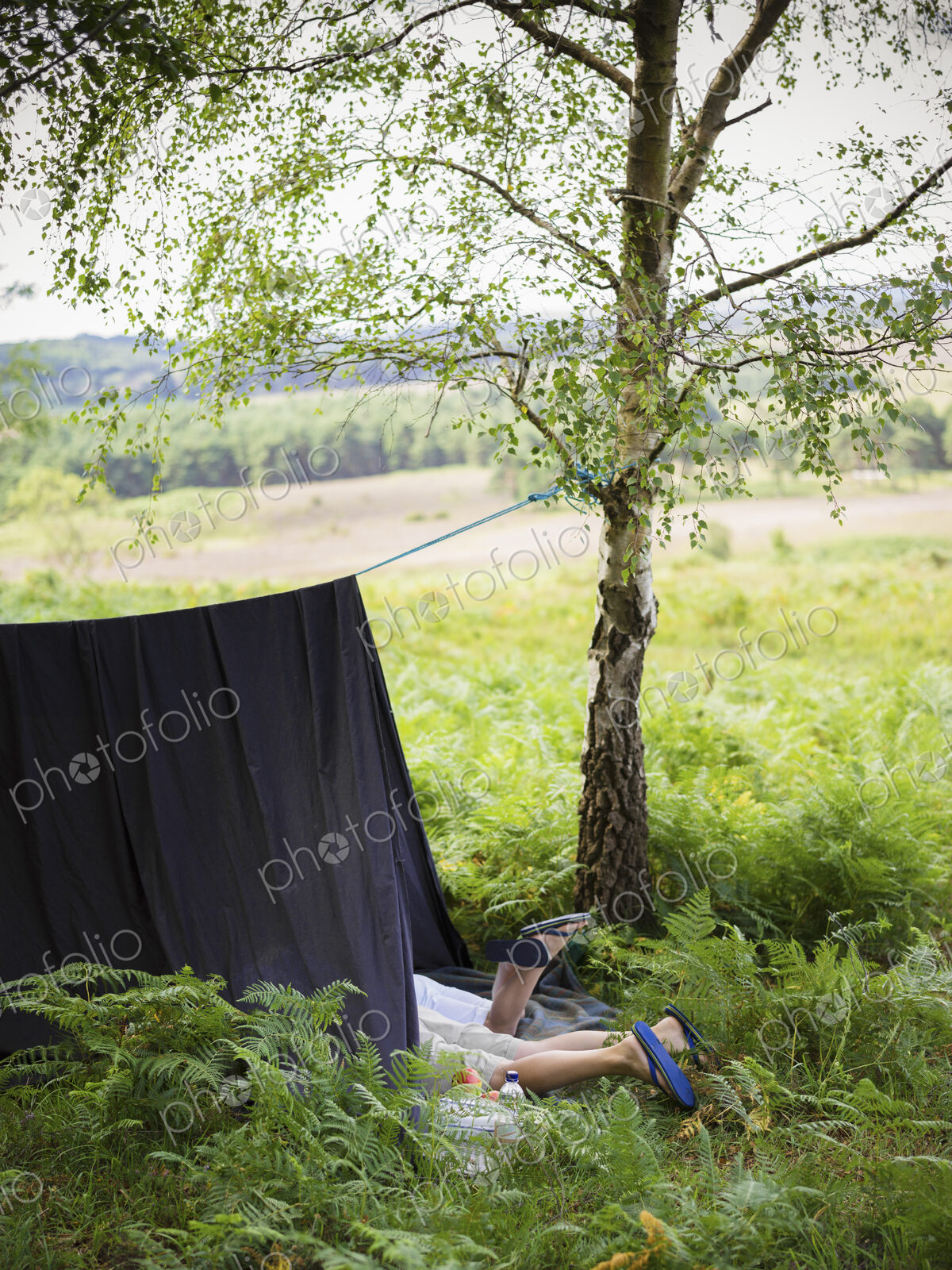 Two boys camping in the New Forest lying under a canvas shelter.