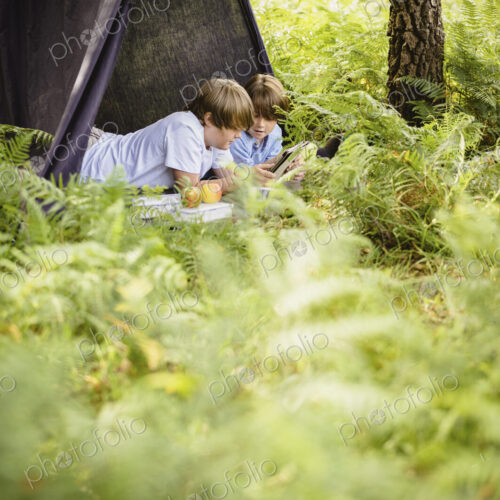Two boys camping in the New Forest, lying under a canvas shelter. Two boys camping in the New Forest, lying under a canvas shelter.
