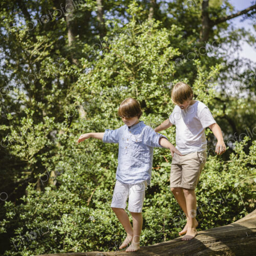 Two boys camping in the New Forest. Walking along a log above the water, balancing… Two boys camping in the New Forest. Walking along a log above the water, balancing…