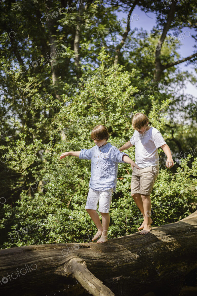 Two boys camping in the New Forest. Walking along a log above the water, balancing…