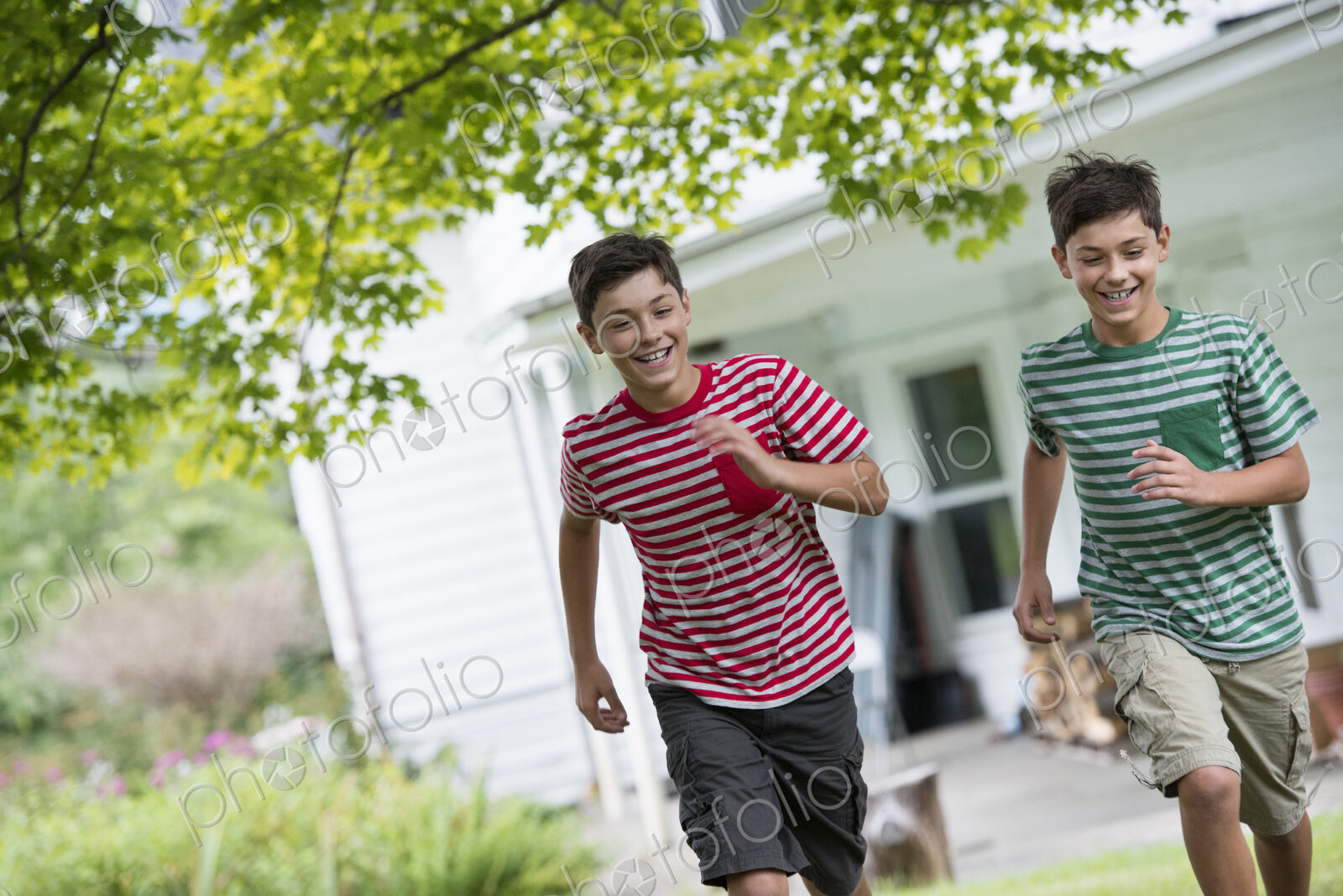 Two boys in a farmhouse garden in summer.