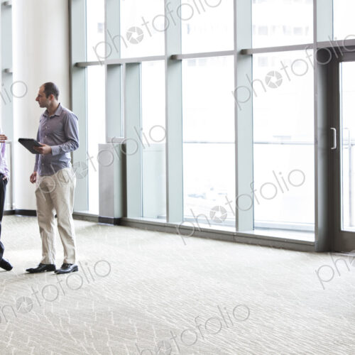 Two businessmen discussing an issue in the lobby of a business center. Two businessmen discussing an issue in the lobby of a business center.