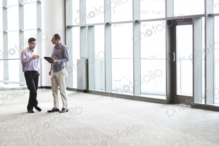 Two businessmen discussing an issue in the lobby of a business center.