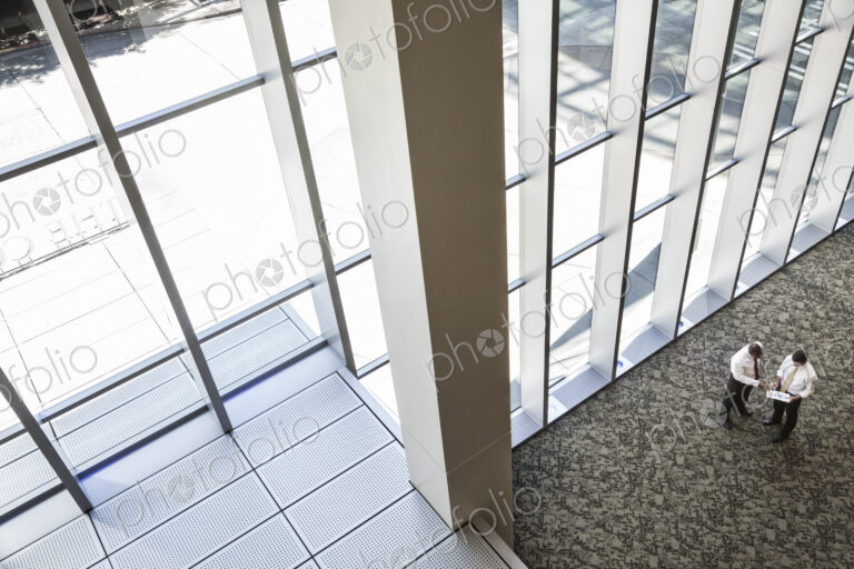 Two businessmen meeting next to a large bank of windows in a business center.